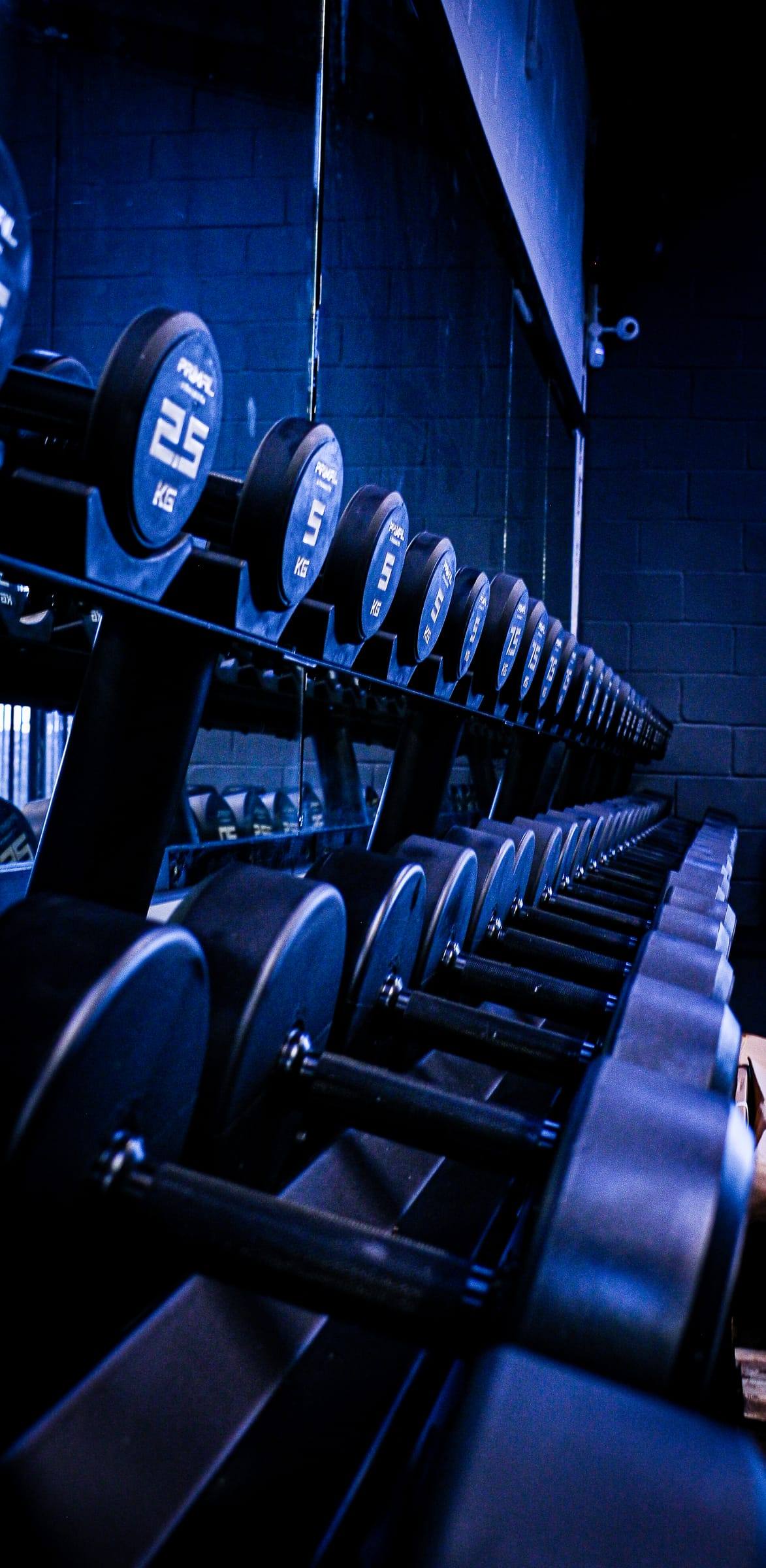 A long run of dumbbells under blue light at Yeovil