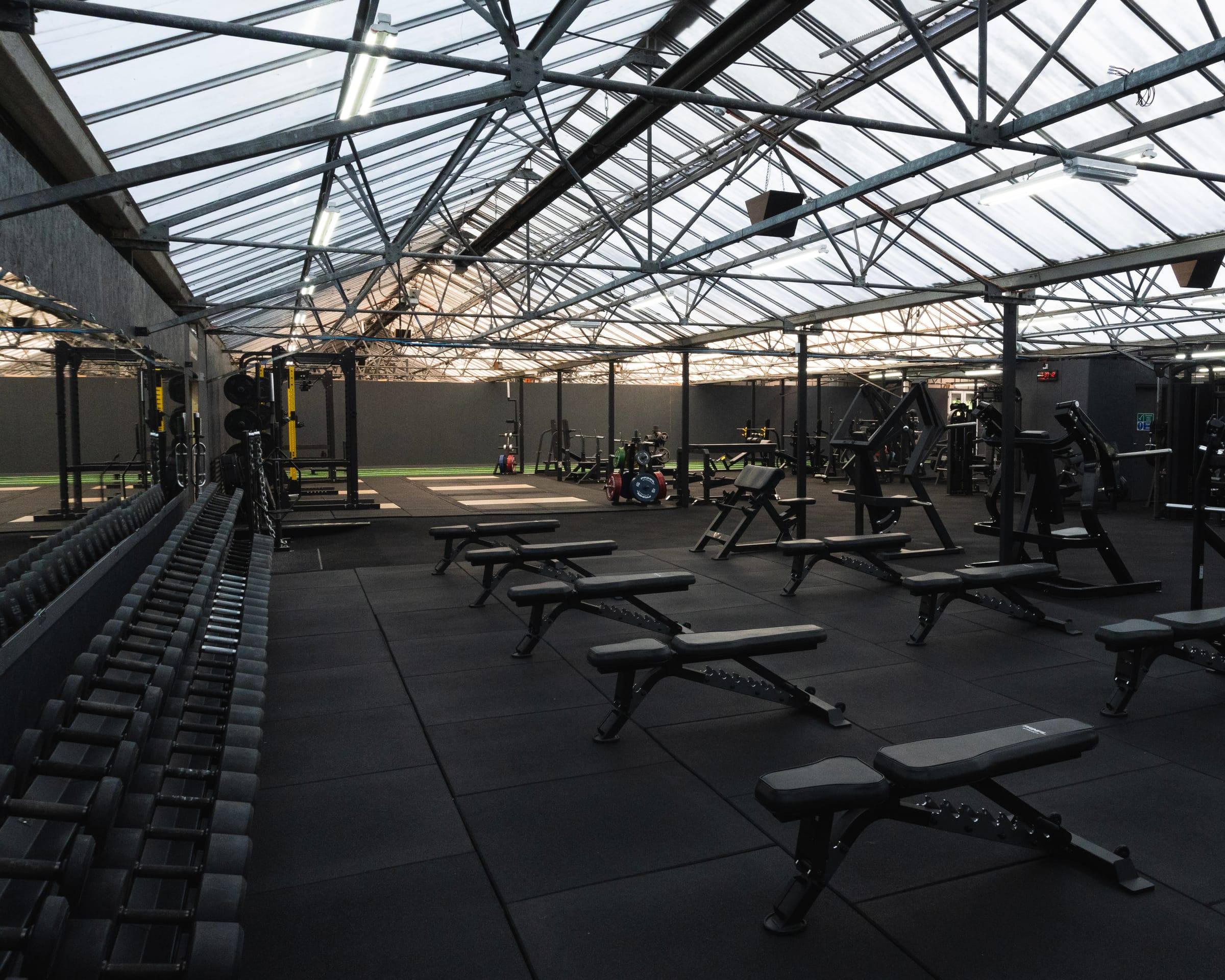 Rows of adjustable benches beside a long dumbbell rack on the Bristol gym floor